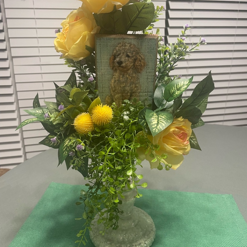 Artisan Golden Doodle Arrangement Yellow Roses and Greenery